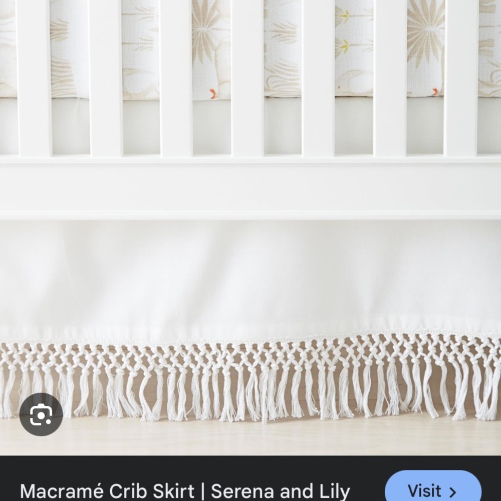 Serena and Lily White Macramé Crib Skirt & Pottery Barn Muslin Blanket
